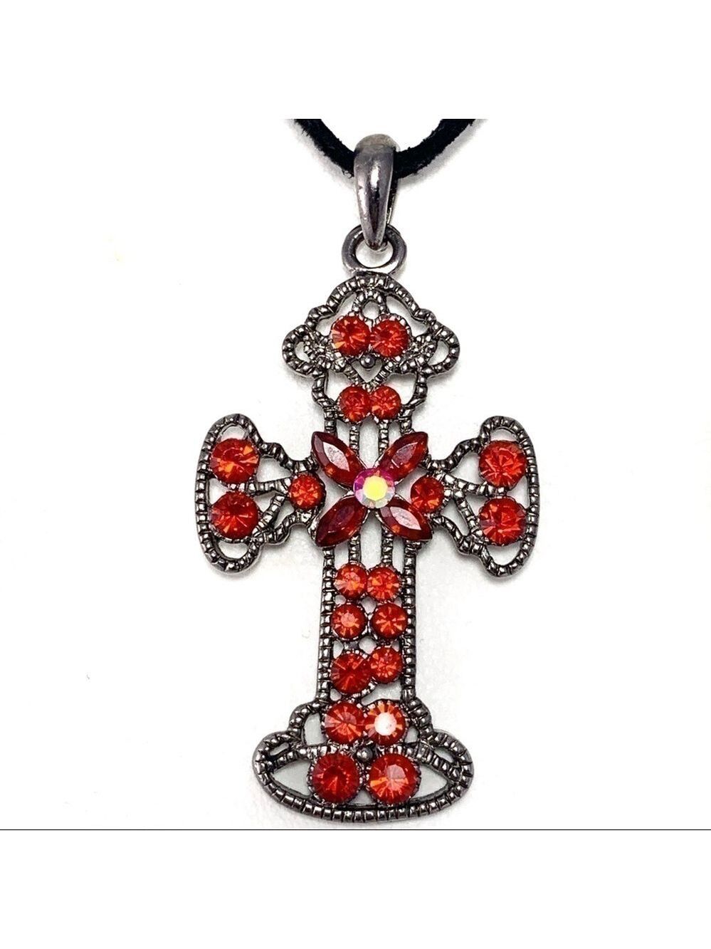 new-red Rhinestones Cross Pendant/Leather Necklace